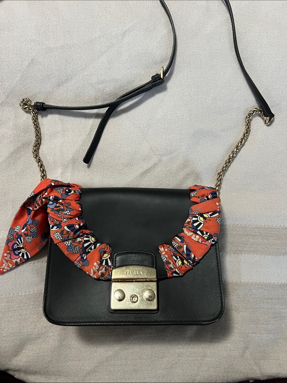 Furla Black Leather Crossbody with Orange Floral Scarf Accent